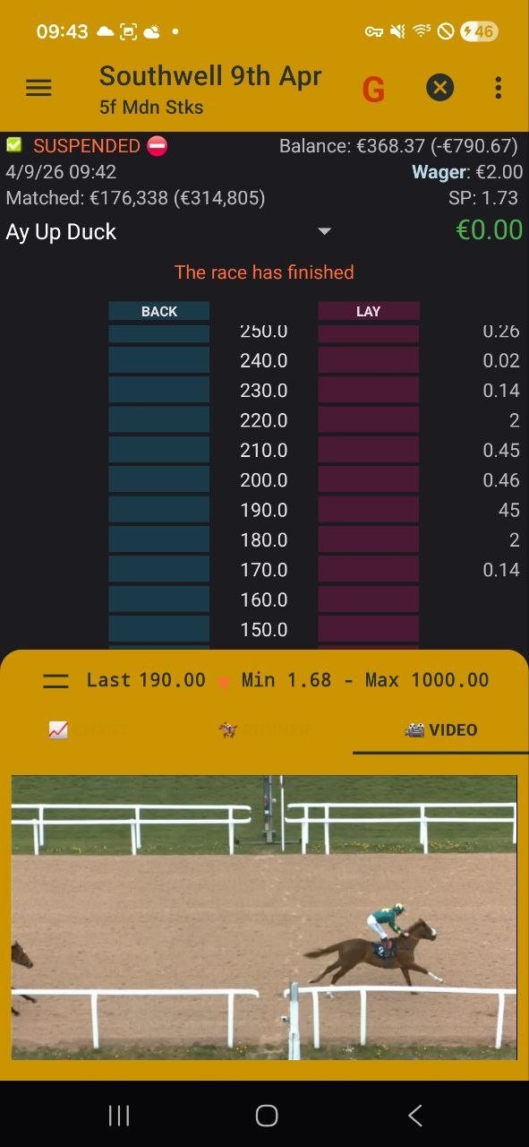 BetOnDroid In-Play screen with live video under the price ladder (1/4)