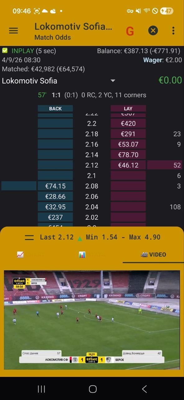 BetOnDroid In-Play screen with live video under the price ladder (2/4)