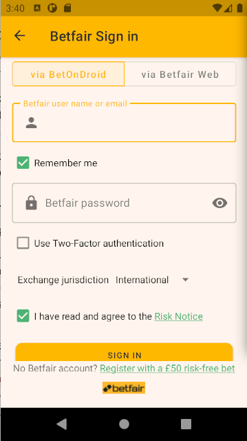BetOnDroid sign-in screen with two tabs: via BetOnDroid and via Betfair Web